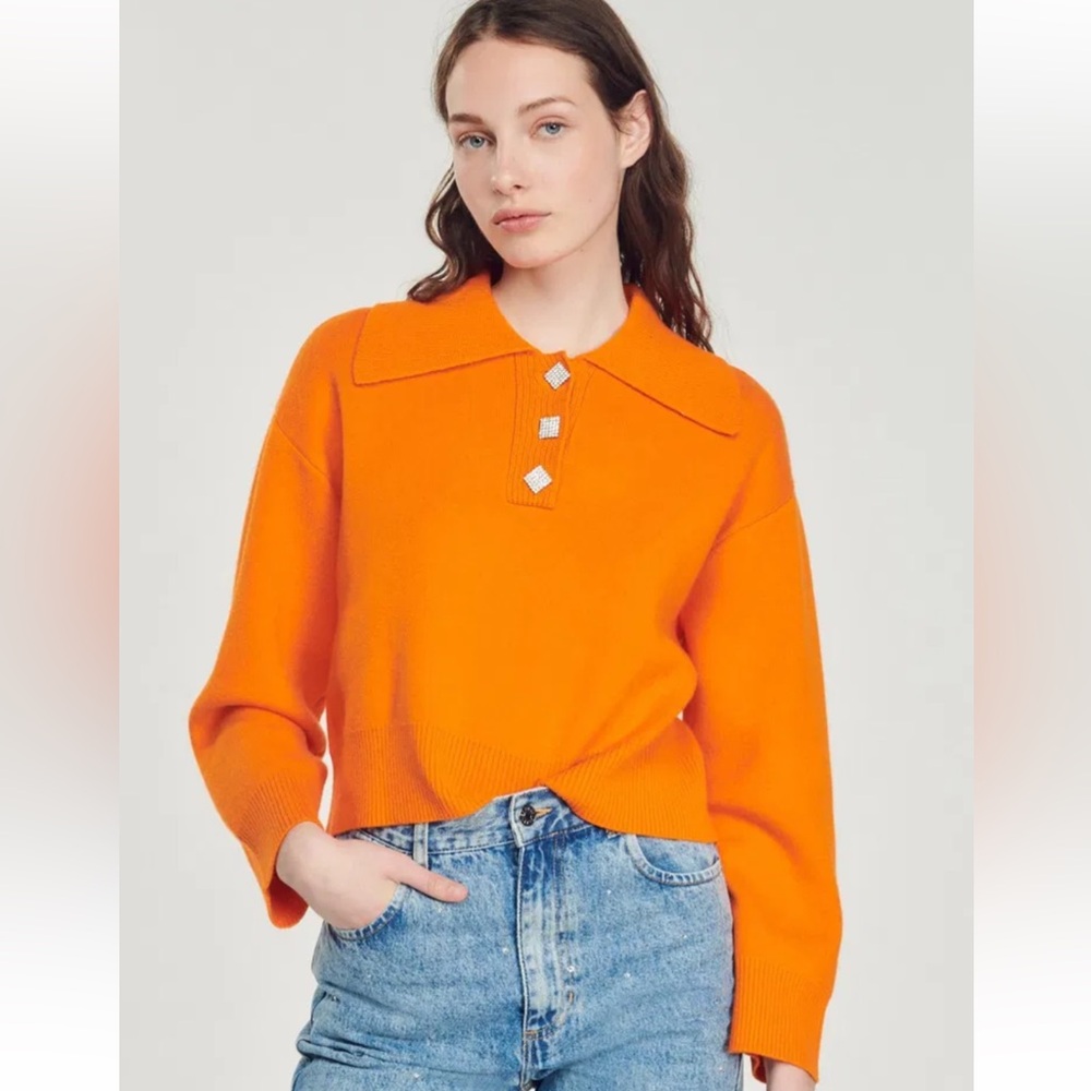 Sandro Menton Jewel Button Crop Polo Sweater Orange, Size 1 Small Wool Cashmere